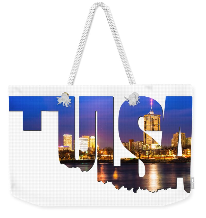 Tulsa Weekender Tote Bag featuring the photograph Tulsa Oklahoma Typographic Letters - Riverside View Of Tulsa Oklahoma Skyline by Gregory Ballos