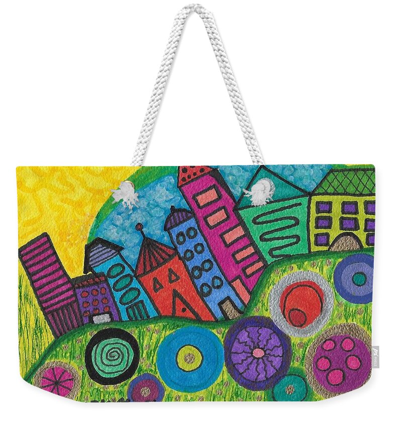 Festive Weekender Tote Bag featuring the drawing Turning Funky City On Its Ear by Susan Schanerman