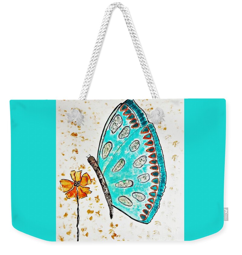 Butterfly Weekender Tote Bag featuring the painting Turquoise Butterfly by Jasna Gopic