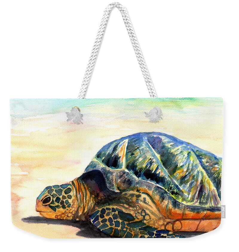 Green Sea Turtle Weekender Tote Bag featuring the painting Turtle at Poipu Beach 8 by Marionette Taboniar