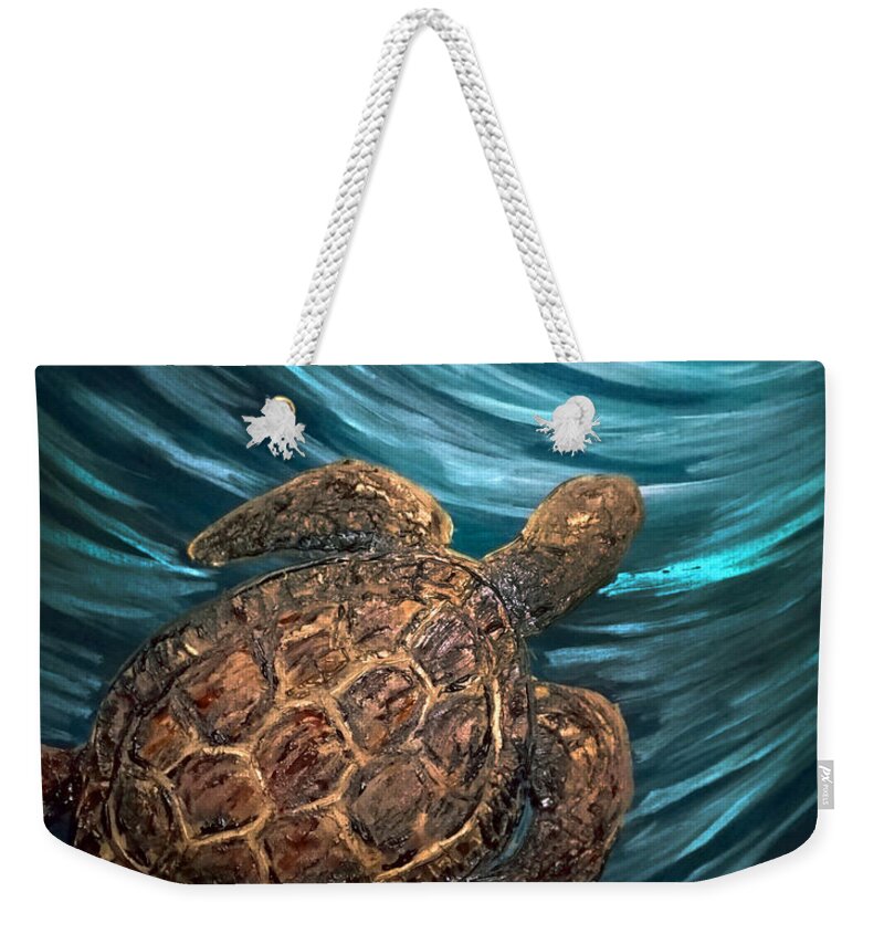 Sea Weekender Tote Bag featuring the painting Turtle Wave Deep Blue by Michelle Pier