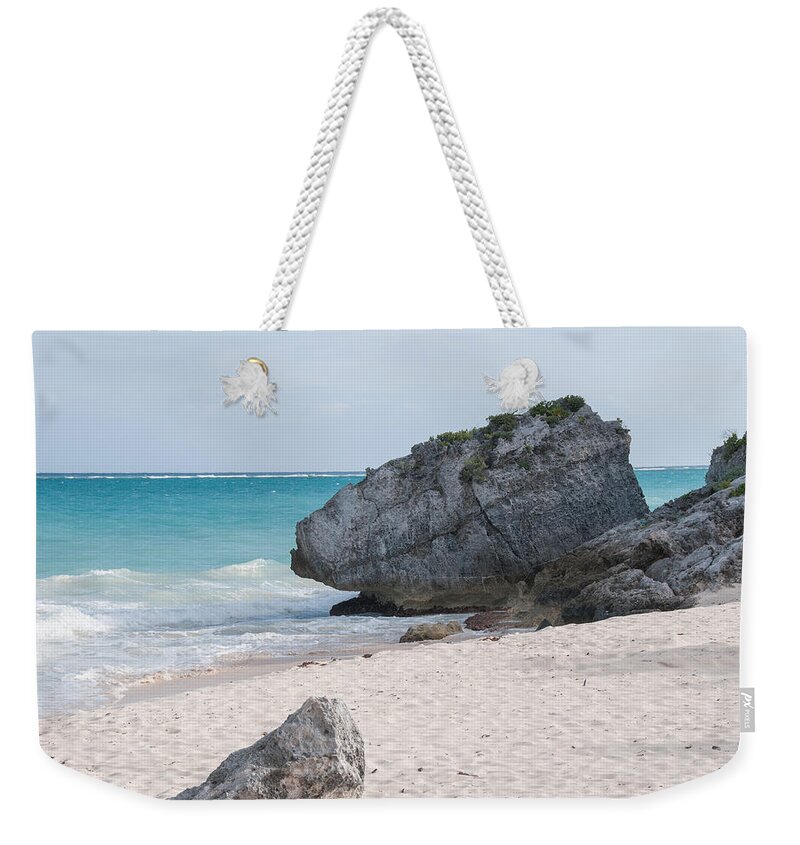 Mexico Quintana Roo Weekender Tote Bag featuring the digital art Turtles Beach at Tulum Ruins by Carol Ailles