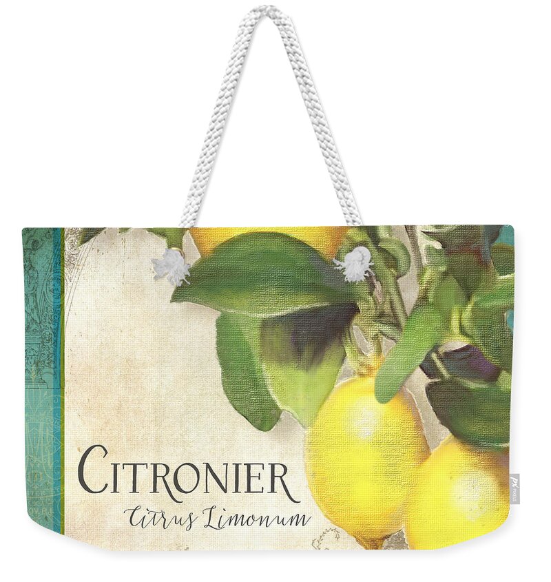 Lemon Weekender Tote Bag featuring the painting Tuscan Lemon Tree - Citronier Citrus Limonum Vintage Style by Audrey Jeanne Roberts