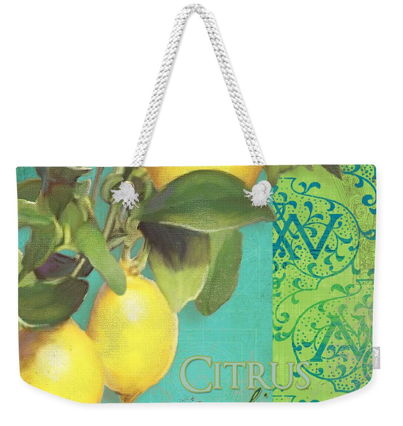 Tuscan Weekender Tote Bag featuring the painting Tuscan Lemon Tree - Citrus Limonum Damask by Audrey Jeanne Roberts