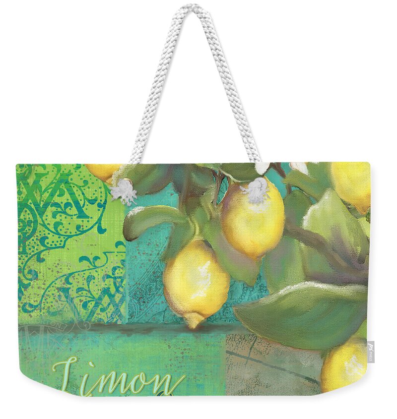 Tuscan Weekender Tote Bag featuring the painting Tuscan Lemon Tree - Damask Pattern 2 by Audrey Jeanne Roberts
