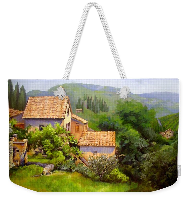 Landscape Weekender Tote Bag featuring the painting Tuscan Village Memories by Chris Hobel