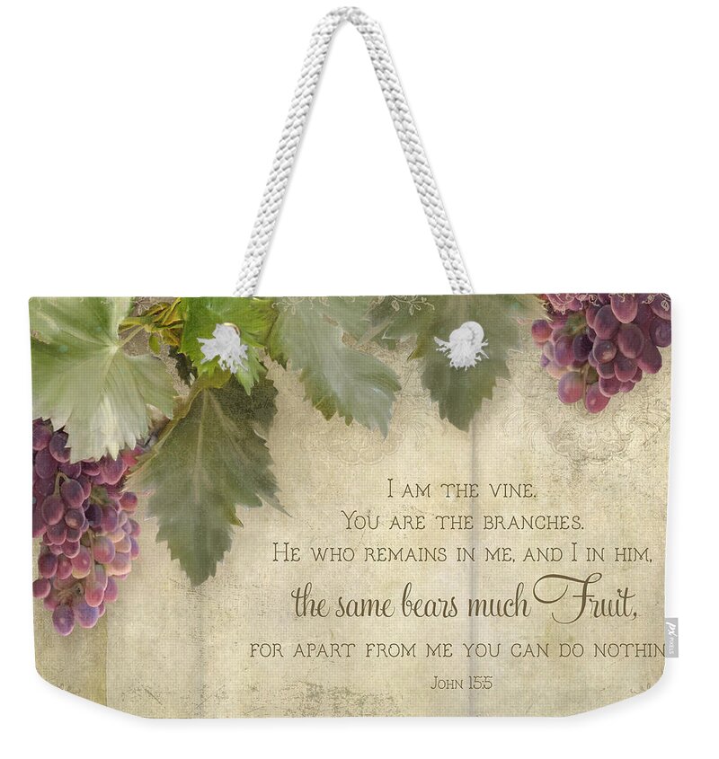 Tuscan Weekender Tote Bag featuring the painting Tuscan Vineyard - Rustic Wood Fence Scripture by Audrey Jeanne Roberts