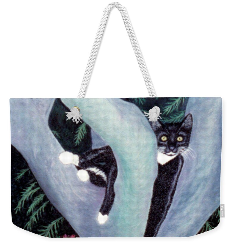 Karen Zuk Rosenblatt Weekender Tote Bag featuring the painting Tuxedo Cat in Mimosa Tree by Karen Zuk Rosenblatt