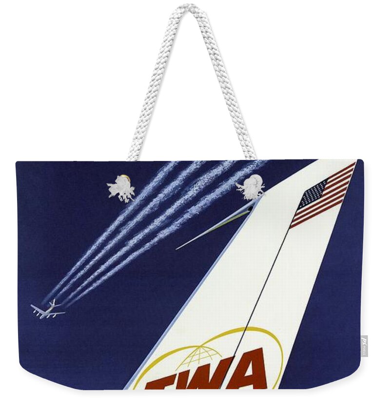 Twa Star Stream Jet Weekender Tote Bag featuring the painting TWA Star Stream Jet - Minimalist Vintage Advertising Poster by Studio Grafiikka