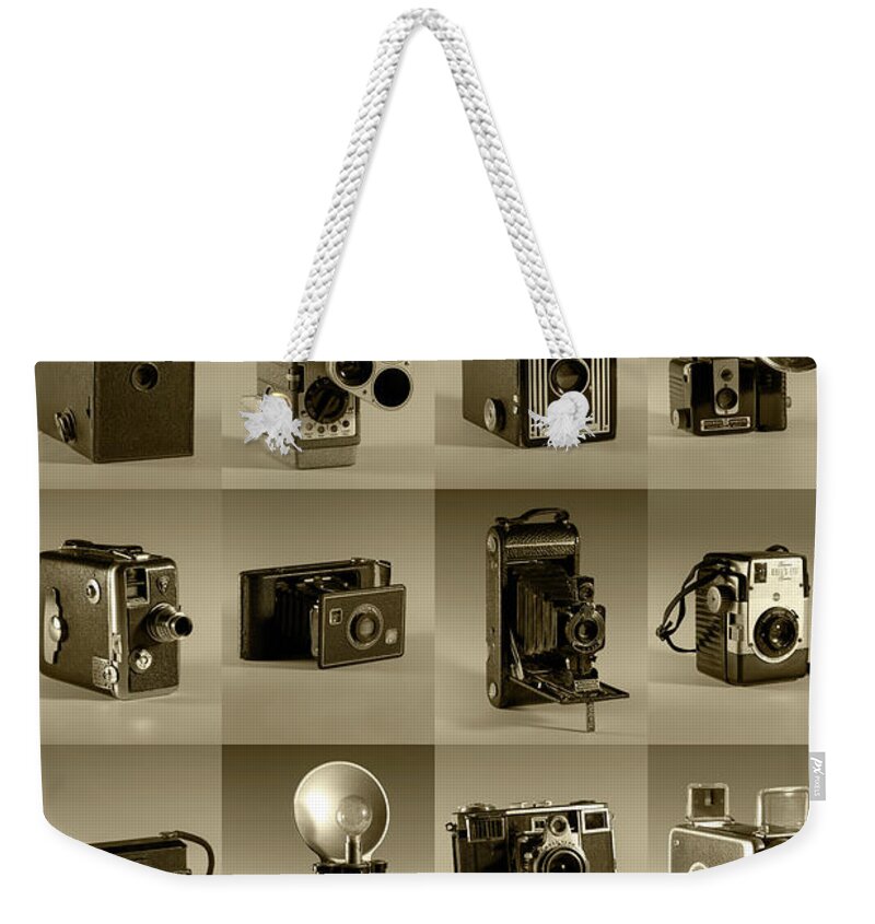 Old Camera Weekender Tote Bag featuring the photograph Twenty Old Cameras - Sepia by Art Whitton