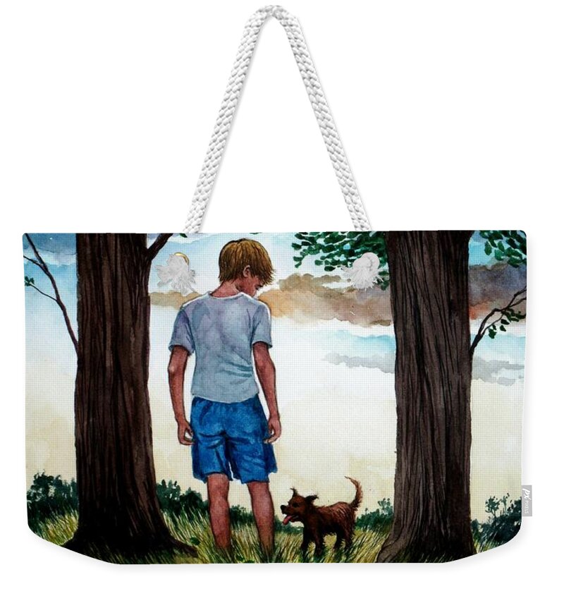 Trees Weekender Tote Bag featuring the painting Twin Trees and the Sacred Place by Christopher Shellhammer