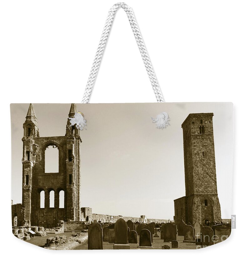 Twin Turrets And St. Rule's Tower Weekender Tote Bag featuring the photograph Twin turrets and St. Rule's tower by Elena Perelman