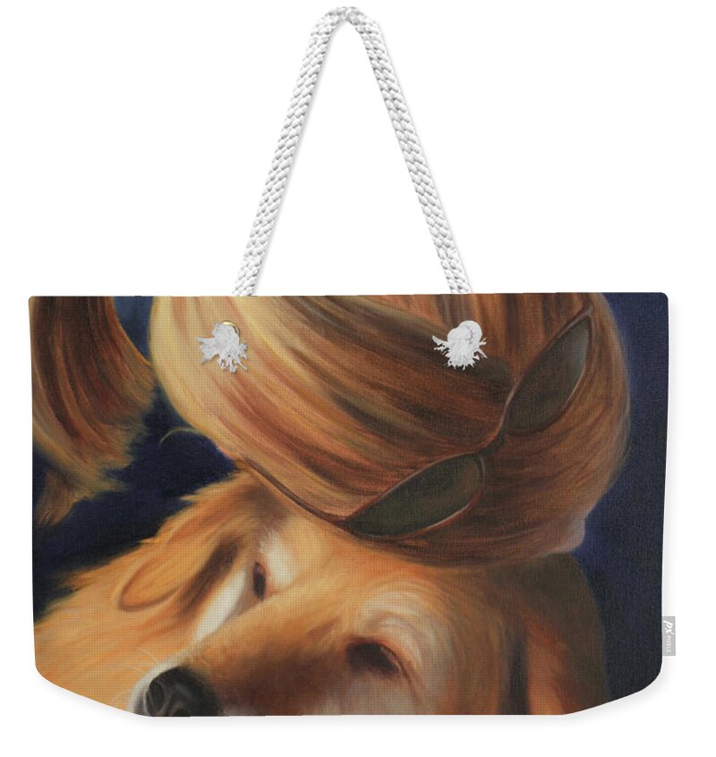 Girl; Dog; Love; Companionship; Friendship; Hugs; Bliss Weekender Tote Bag featuring the painting Twining by Marg Wolf