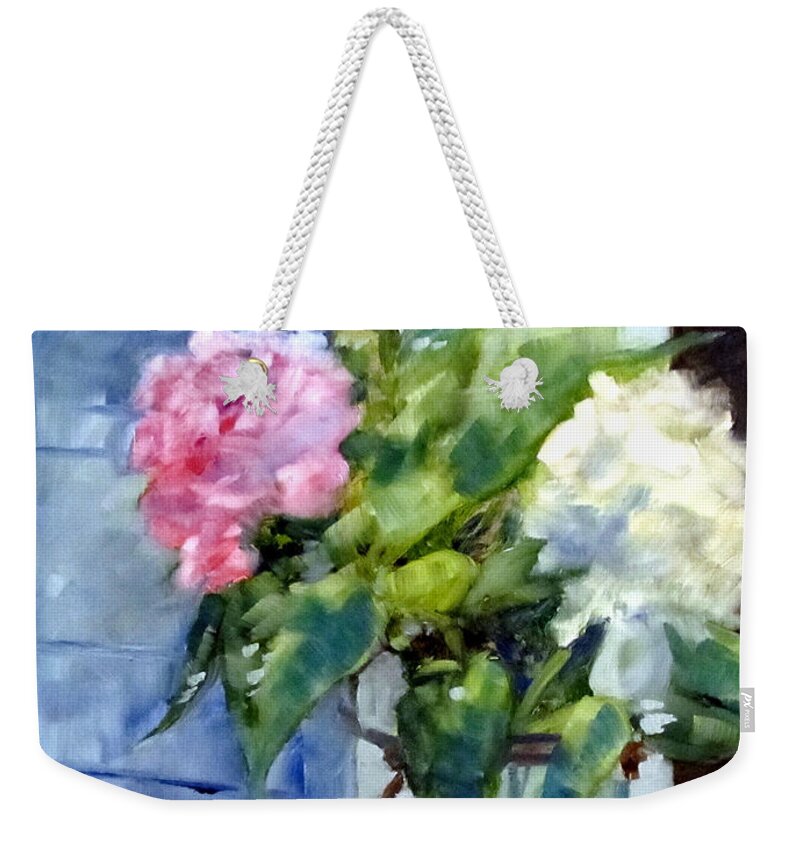 Flowers Weekender Tote Bag featuring the painting Two Beauties and A Bud by Adele Bower