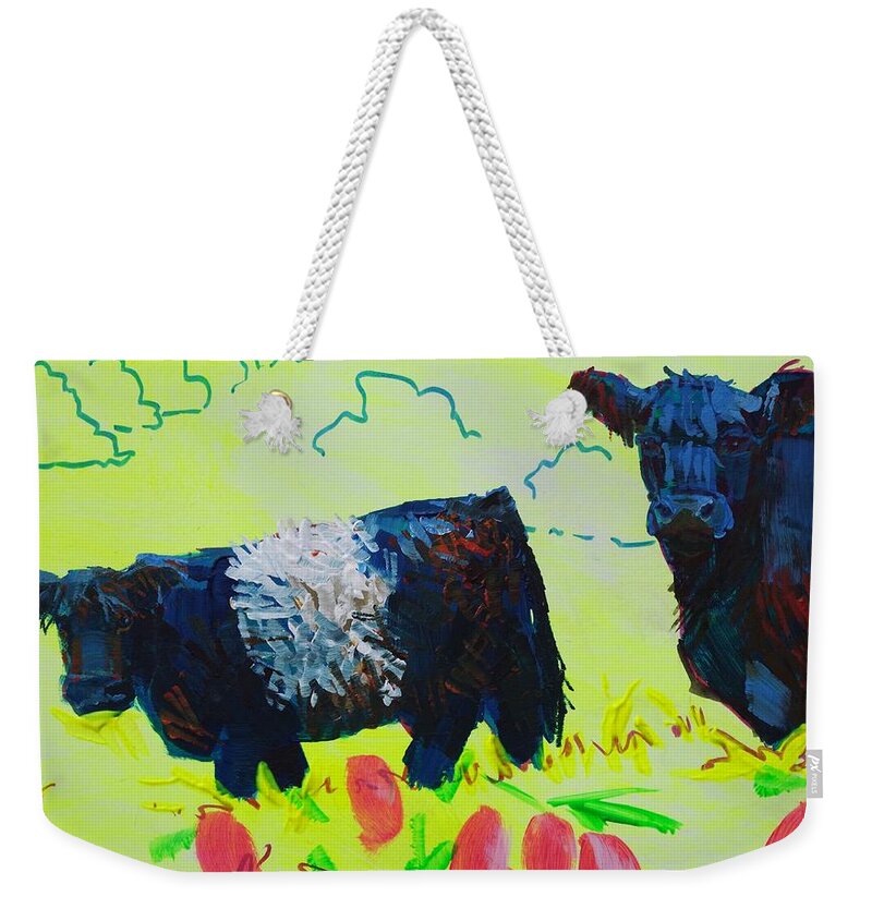 Belted Galloway Cows Weekender Tote Bag featuring the painting Two Belted Galloway Cows Looking At You by Mike Jory