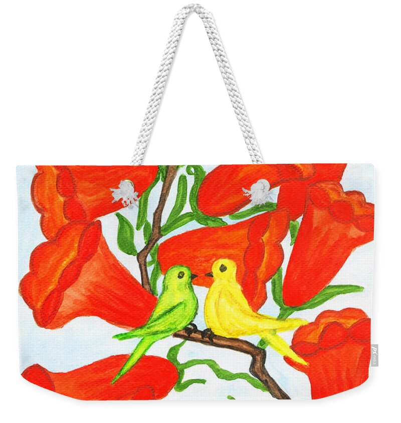 Art Weekender Tote Bag featuring the painting Two birds on branch with flowers Campsis by Irina Afonskaya
