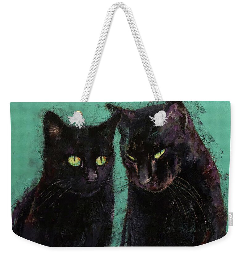 Abstract Weekender Tote Bag featuring the painting Two Black Cats by Michael Creese