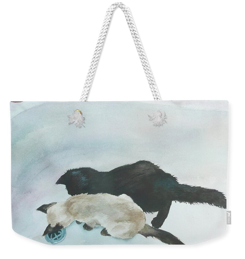 Bathtub Painting Weekender Tote Bag featuring the painting Two Cats in a Tub by Anne Gifford