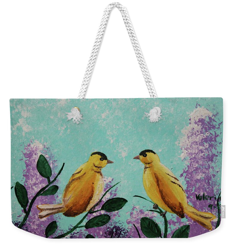 Acrylic Weekender Tote Bag featuring the photograph Two Chickadees standing on branches by Martin Valeriano