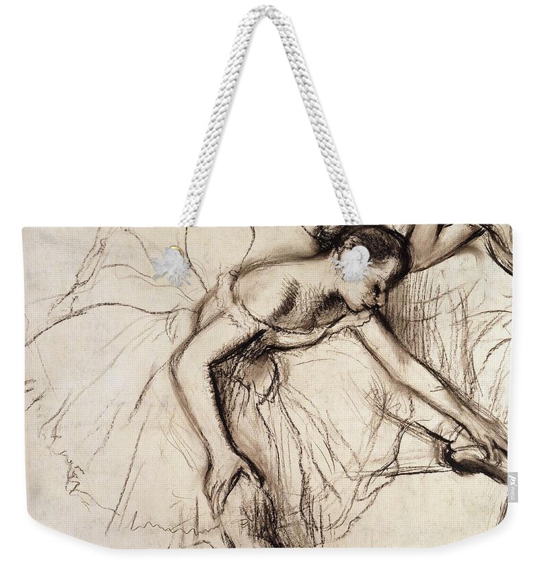 Degas Weekender Tote Bag featuring the drawing Two Dancers Resting by Edgar Degas