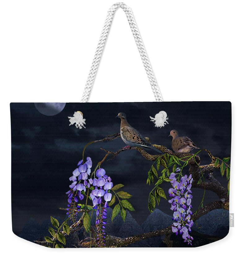 Birds Weekender Tote Bag featuring the digital art Mourning Doves in Moonlight by M Spadecaller