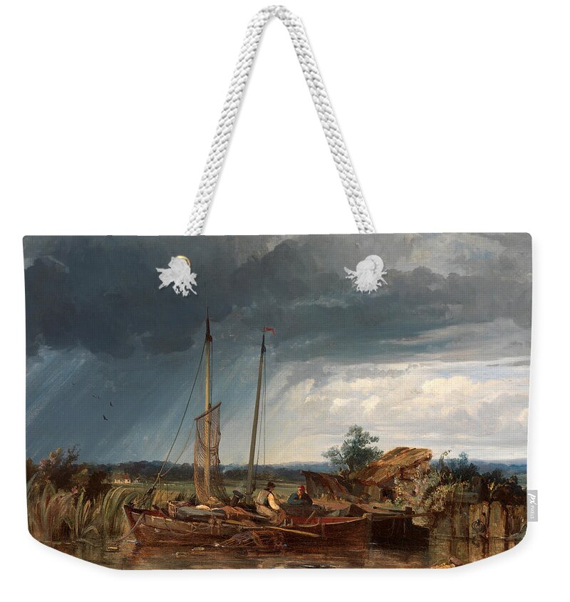 George Hyde Chambers Weekender Tote Bag featuring the painting Two Fishing Boats on the Banks of Inland Waters by George Hyde Chambers