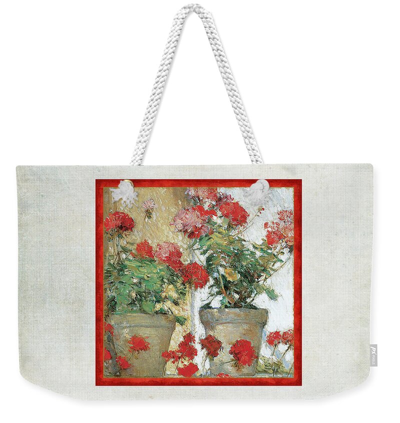 Old Masters Weekender Tote Bag featuring the painting Two Geranium Pots by Audrey Jeanne Roberts