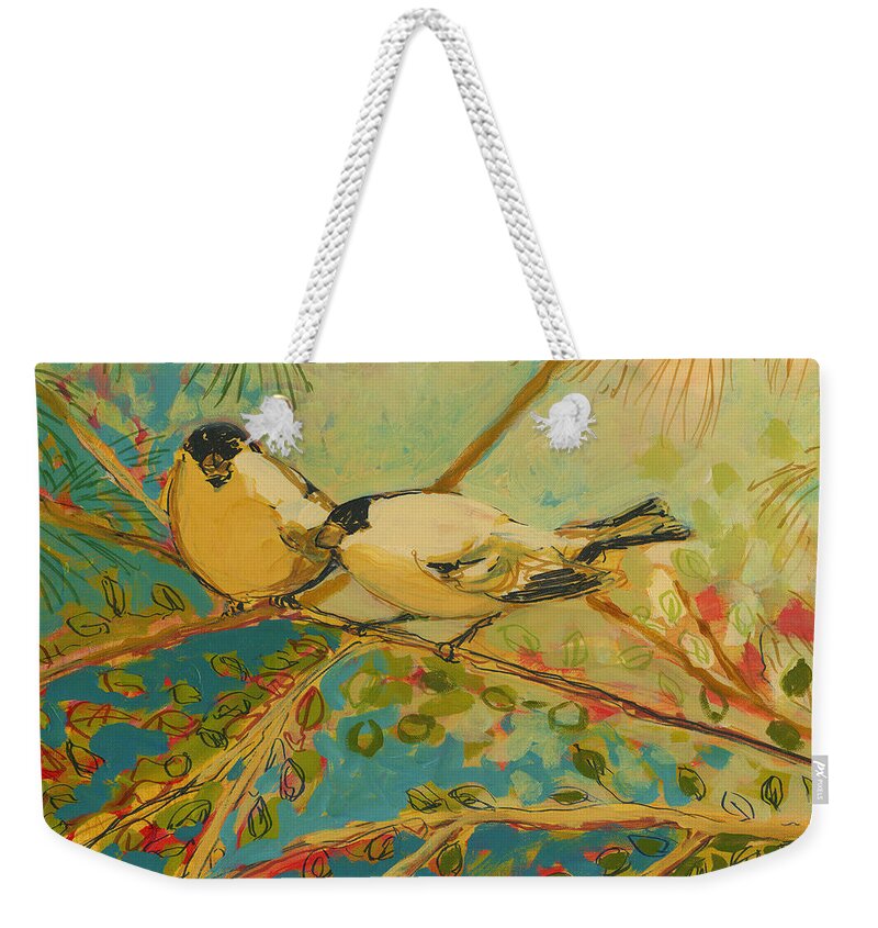 Bird Weekender Tote Bag featuring the painting Two Goldfinch Found by Jennifer Lommers