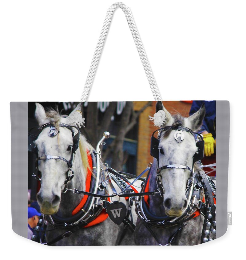 Christmas Weekender Tote Bag featuring the photograph Two Horses in A Parade by Rod Whyte