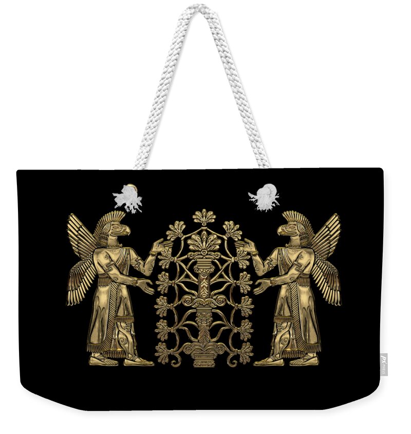‘treasures Of Mesopotamia’ Collection By Serge Averbukh Weekender Tote Bag featuring the digital art Two Instances of Gold God Ninurta with Tree of Life over Black Canvas by Serge Averbukh