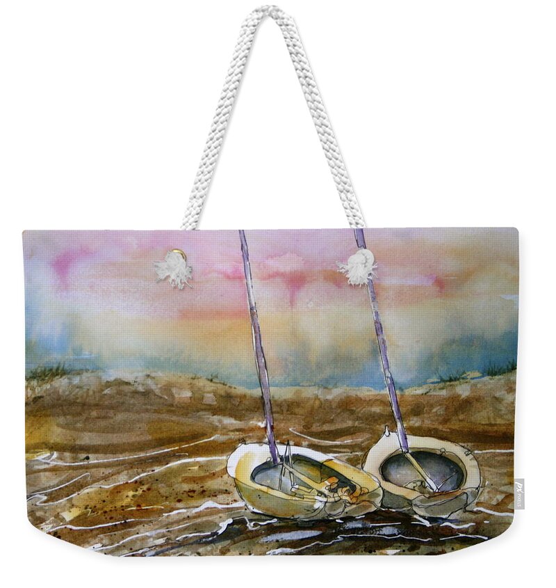 Boat Weekender Tote Bag featuring the painting Two Little Sail Boats by Shirley Sykes Bracken