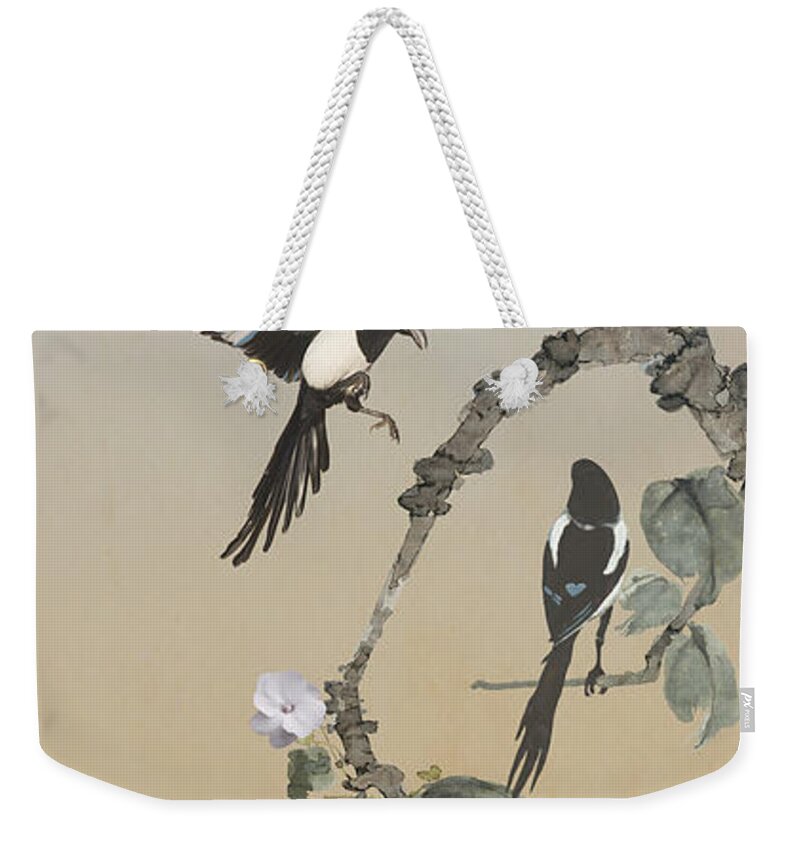Asian Weekender Tote Bag featuring the digital art  Two Magpies            by M Spadecaller