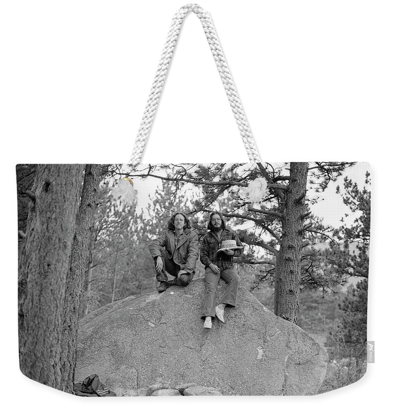 American West Weekender Tote Bag featuring the photograph Two Men on a Boulder in the American West, 1972 by Jeremy Butler