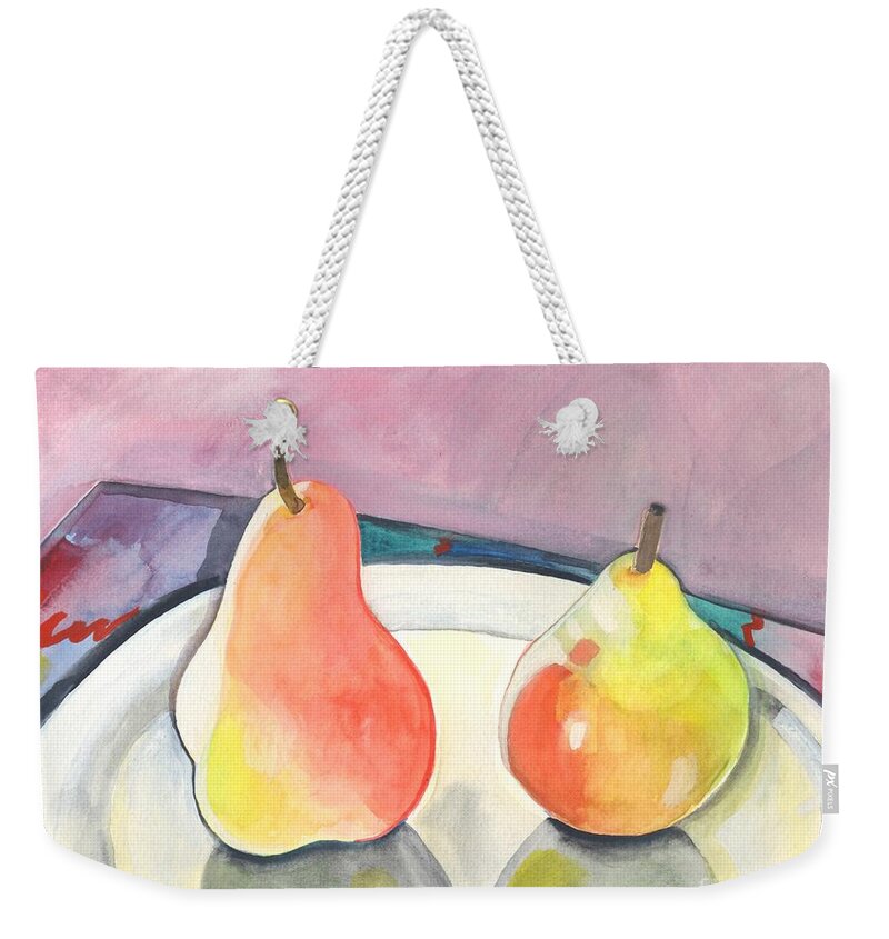 Pear Weekender Tote Bag featuring the painting Two Pears by Helena Tiainen