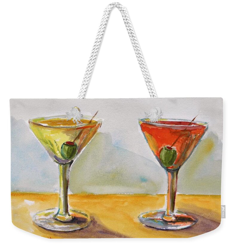 Olives Weekender Tote Bag featuring the painting Two Perfect Martinis by John Williams