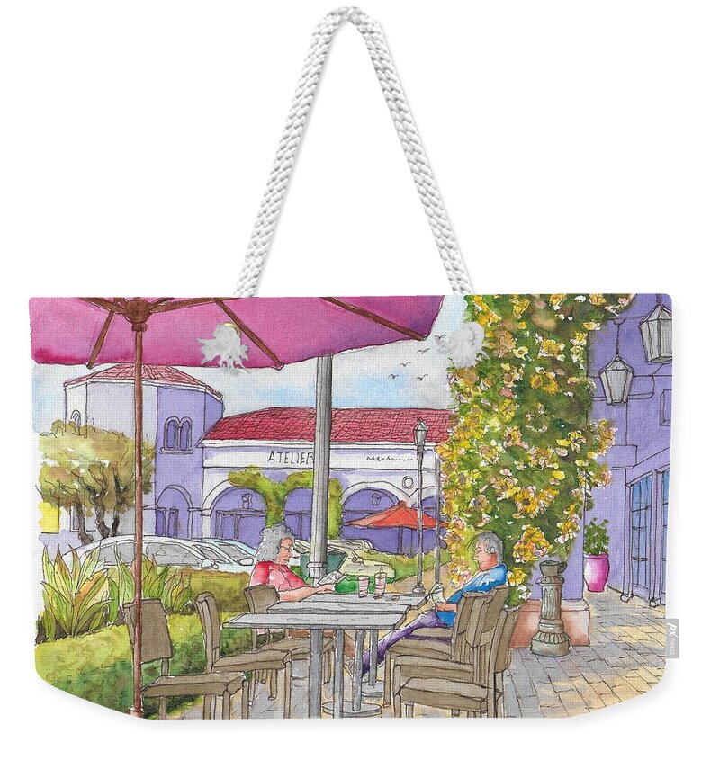 Crystal Cove Mall Weekender Tote Bag featuring the painting Two readers in the Crystal Cove Mall, Laguna Beach, California by Carlos G Groppa