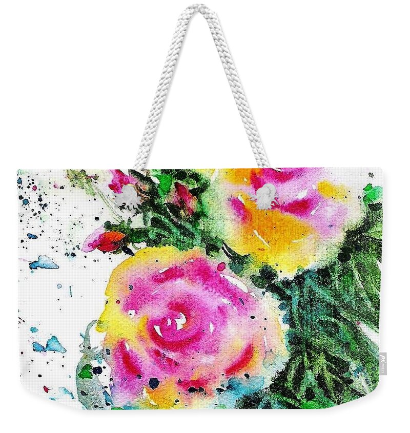 Cynthia Pride Watercolor Paintings Weekender Tote Bag featuring the painting Two Roses and their Buds by Cynthia Pride