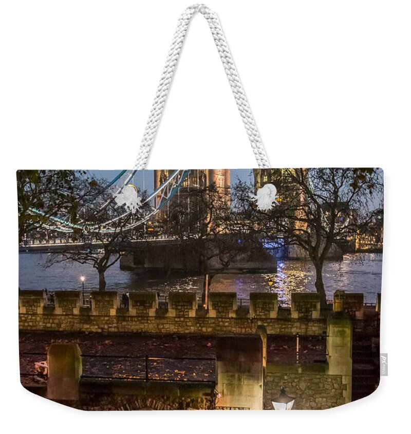 London Weekender Tote Bag featuring the photograph Two Towers by Glenn DiPaola