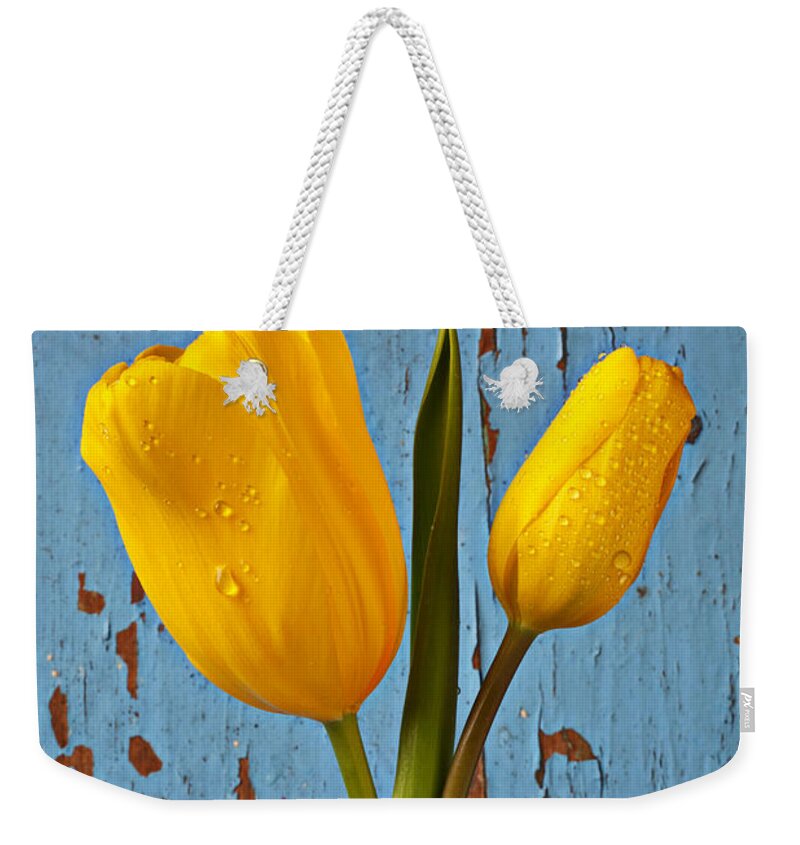Two Yellow Weekender Tote Bag featuring the photograph Two Yellow Tulips by Garry Gay