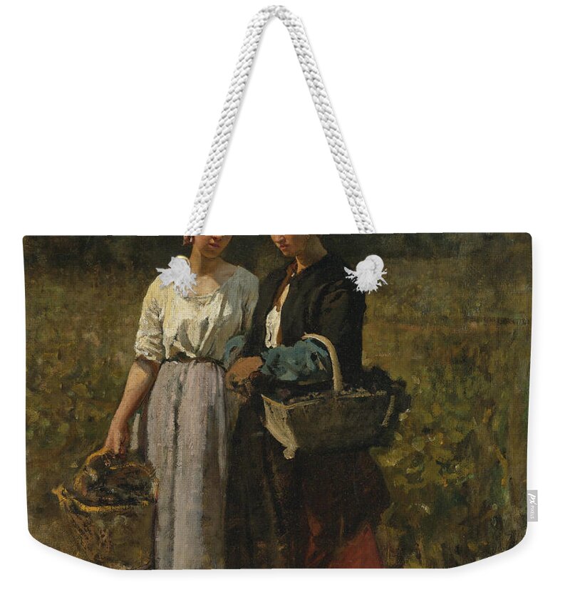 Jules Breton Weekender Tote Bag featuring the painting Two Young Women picking Grapes by Jules Breton