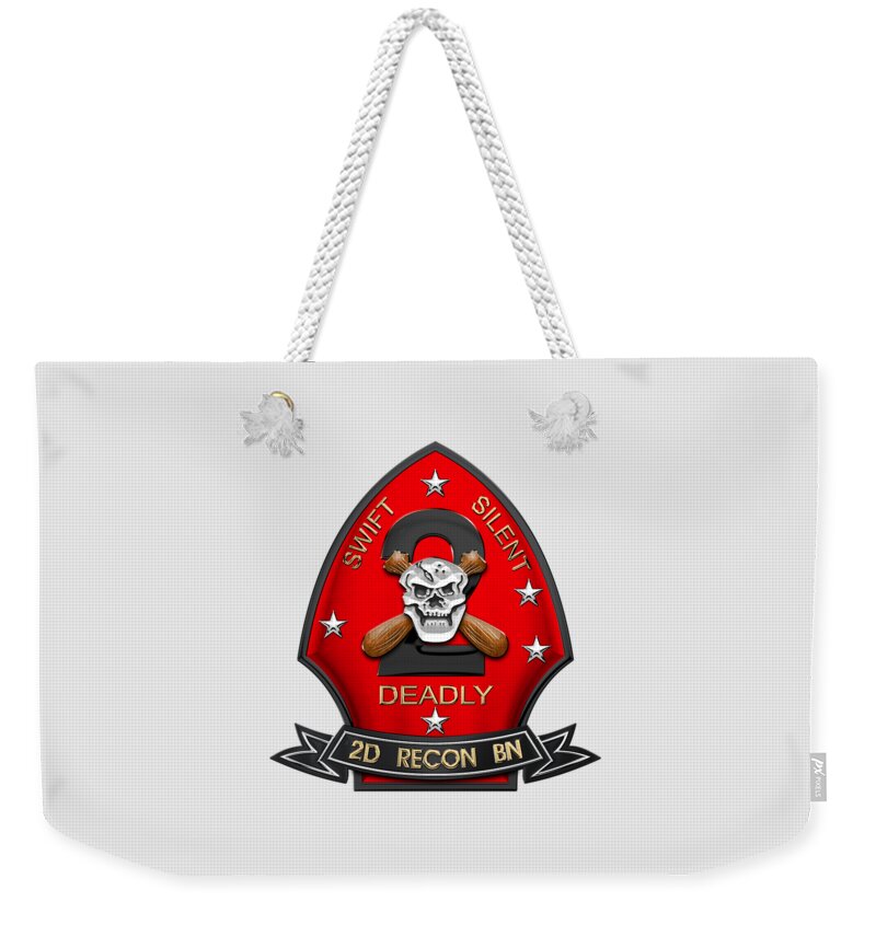 'military Insignia & Heraldry' Collection By Serge Averbukh Weekender Tote Bag featuring the digital art U S M C 2nd Reconnaissance Battalion - 2nd Recon Bn Insignia over White Leather by Serge Averbukh