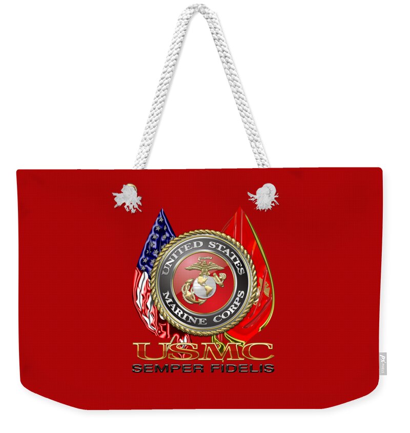 'military Insignia & Heraldry 3d' Collection By Serge Averbukh Weekender Tote Bag featuring the digital art U. S. Marine Corps U S M C Emblem on Red by Serge Averbukh