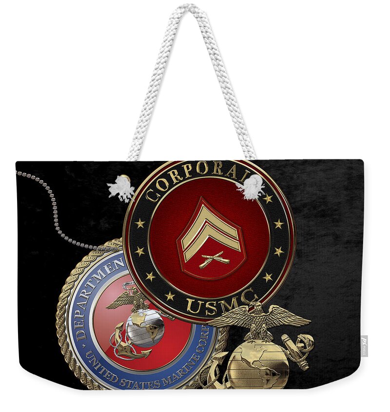 �military Insignia 3d� By Serge Averbukh Weekender Tote Bag featuring the digital art U. S. Marines Corporal Rank Insignia over Black Velvet by Serge Averbukh