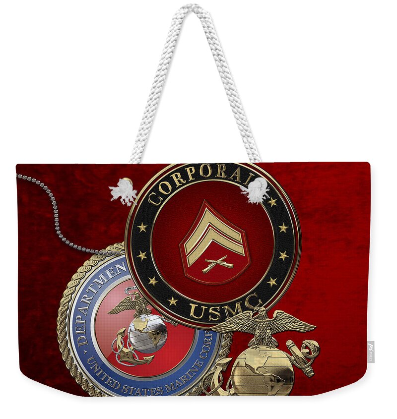 �military Insignia 3d� By Serge Averbukh Weekender Tote Bag featuring the digital art U. S. Marines Corporal Rank Insignia over Red Velvet by Serge Averbukh