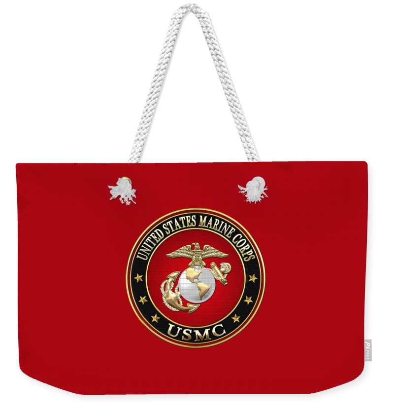 'military Insignia & Heraldry 3d' Collection By Serge Averbukh Weekender Tote Bag featuring the digital art U S M C Eagle Globe and Anchor - E G A on Red Velvet by Serge Averbukh
