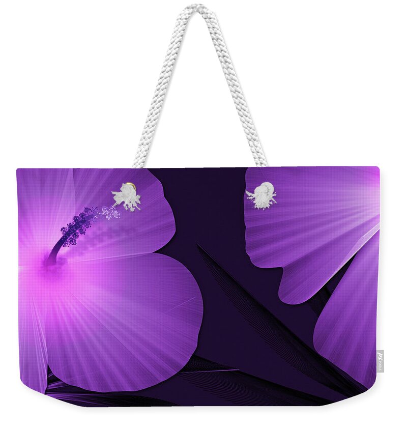 Tropical Print Weekender Tote Bag featuring the digital art Ultraviolet Hibiscus Tropical Nature Print by Sand And Chi