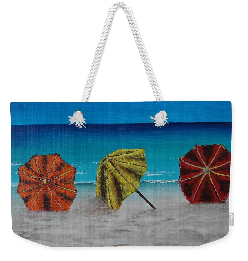 Acrylic Weekender Tote Bag featuring the painting Umbrellas on the Beach by Wayne Cantrell