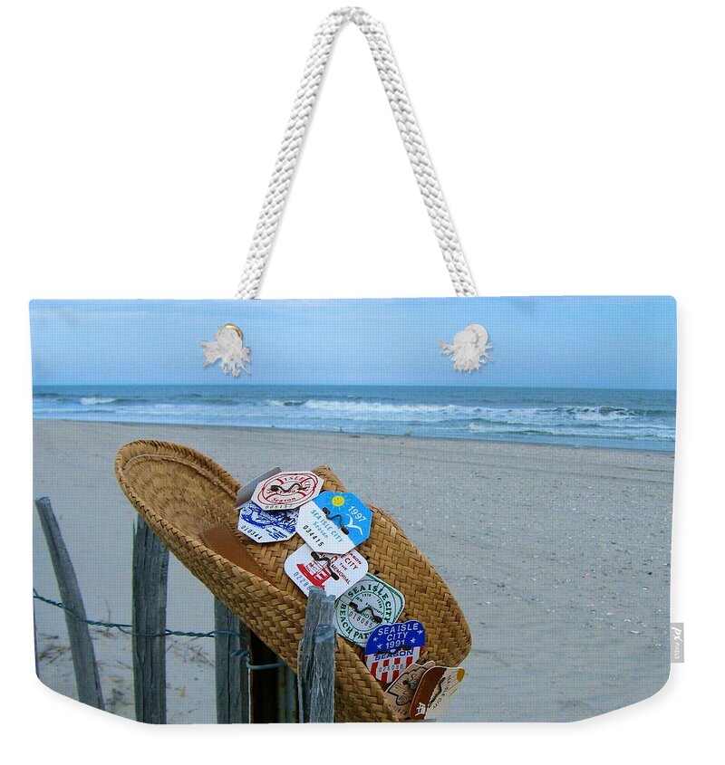 Sea Isle City New Jersey Weekender Tote Bag featuring the photograph Uncle Carl's Beach Hat by Nancy Patterson