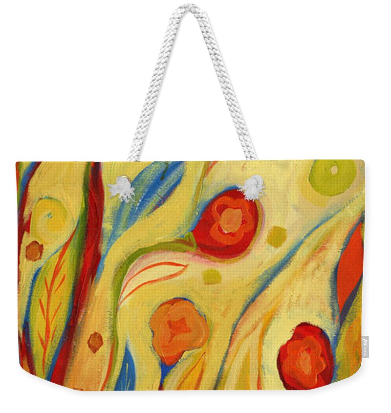 Floral Weekender Tote Bag featuring the painting Under a Sky of Peaches and Cream by Jennifer Lommers