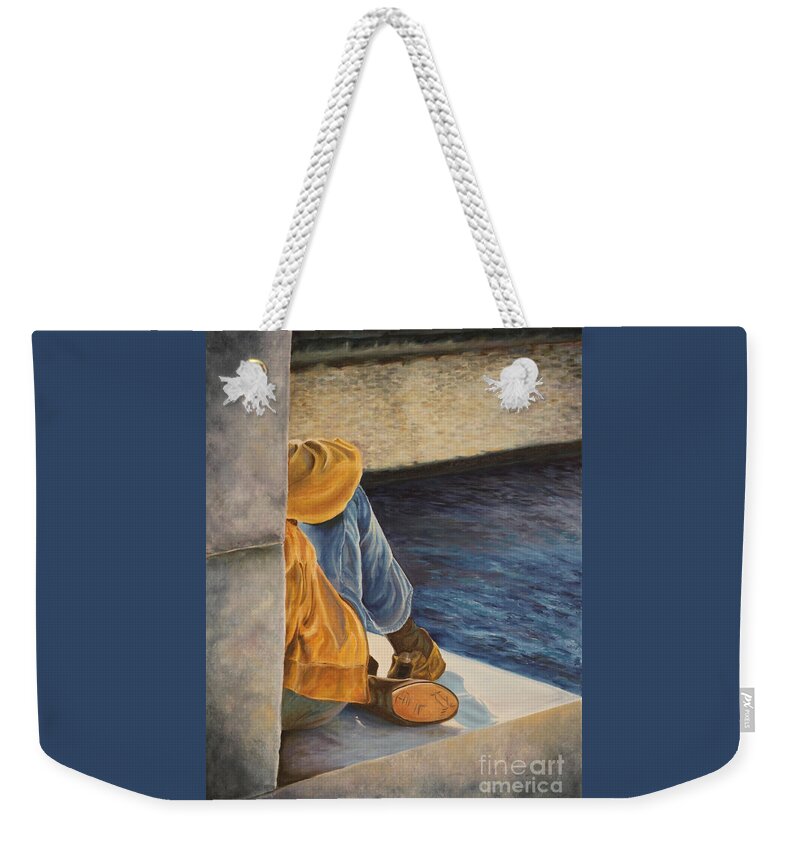 Seine River Paris Weekender Tote Bag featuring the painting Under The Bridge on the River Seine in Paris by Charlotte Blanchard